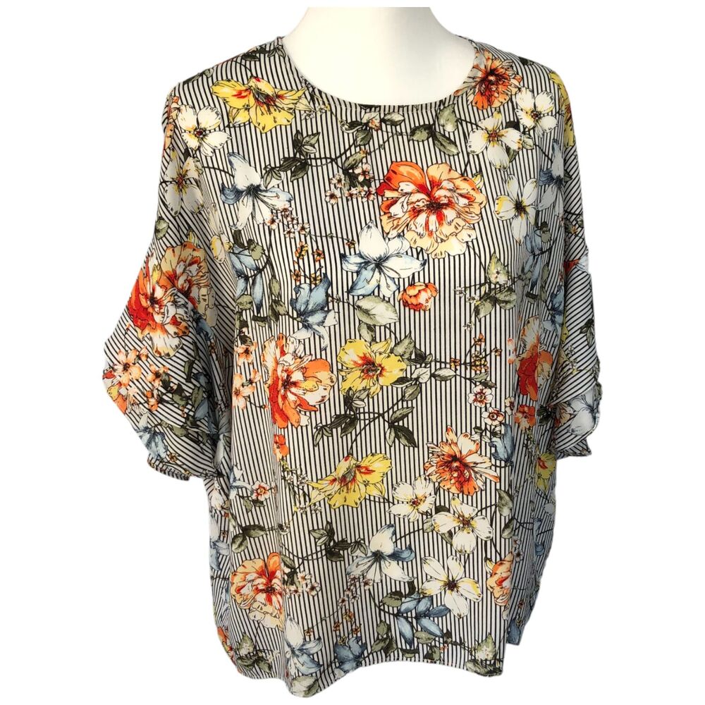 Ellen Weaver Black/White Striped Floral Boho 3/4 Ruffle Sleeve Blouse Top Sz L‎